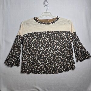 Ces Femme L Leopard Print crochet Knit Top Bell Sleeve Ruffle Cottagecore Boho